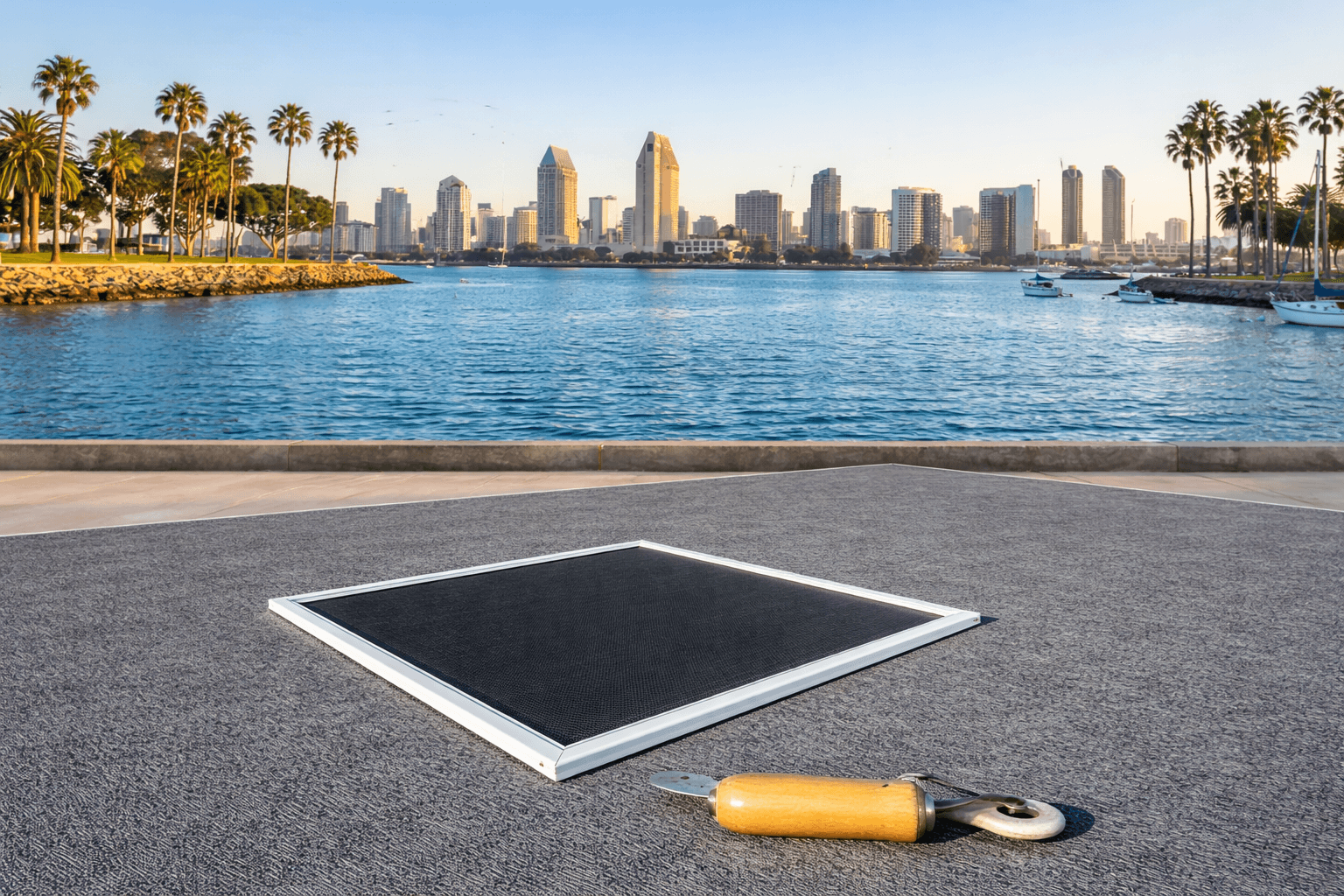 A new window screen and a spline roller, with the San Diego bay and skyline behind