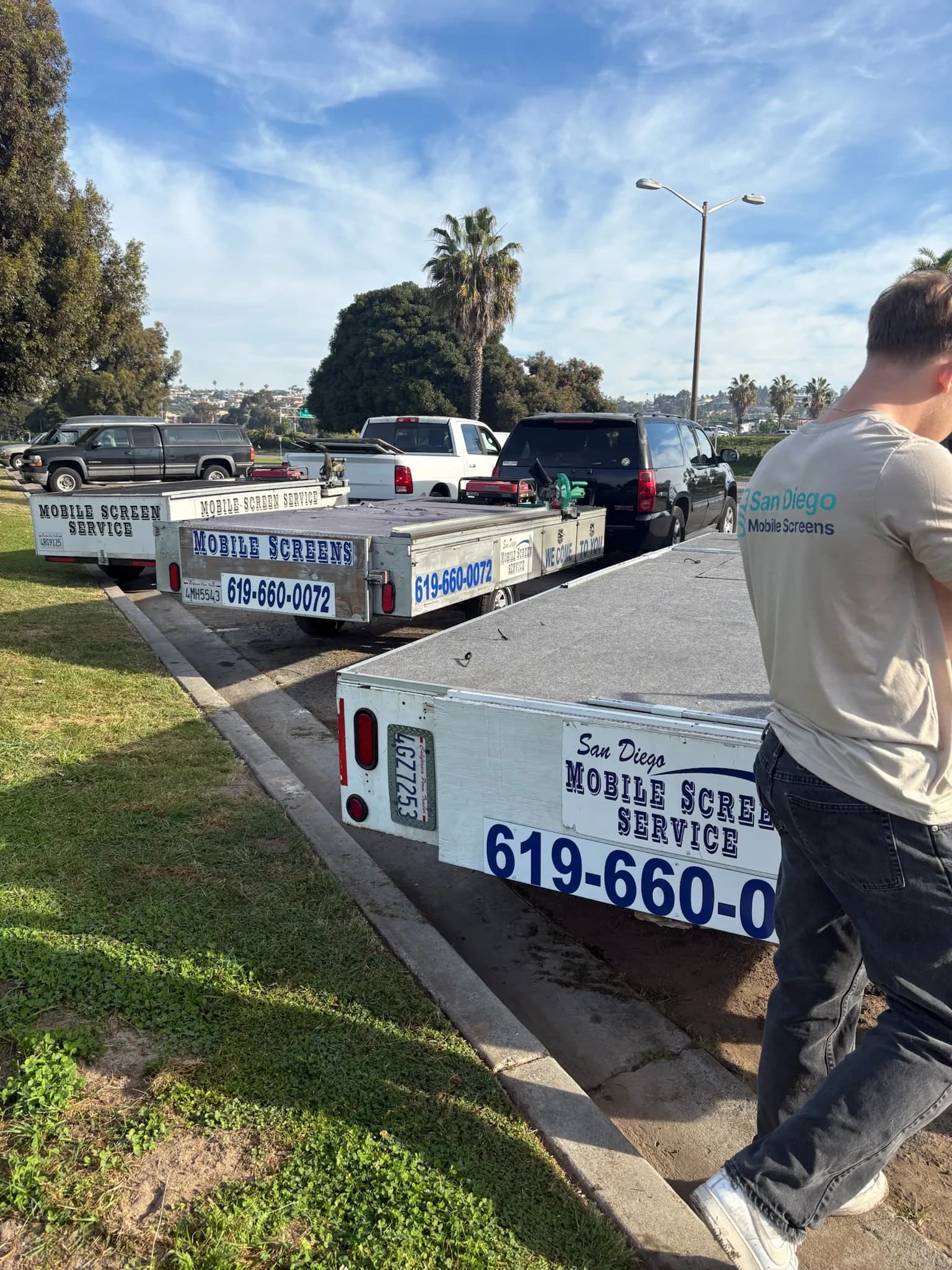 Our tech at the mobile workshop trailer, parked at the curb